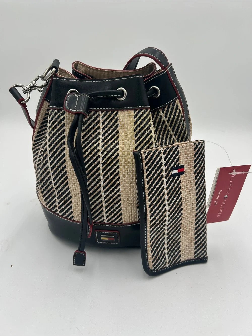 Y2K Tommy Hilfiger Black Natural/Red Straw Leather Bucket Bag Matching‎ Eye Case